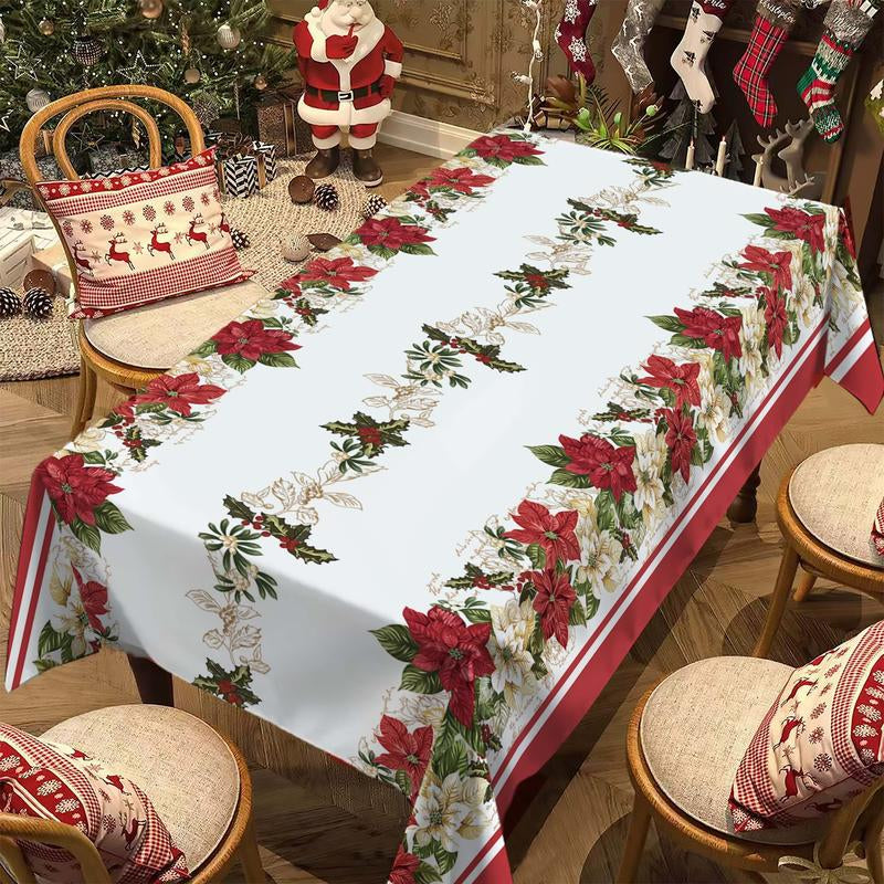 Rectangular Christmas Tablecloth featuring Poinsettia Design - Elegant Holiday Decor for Dinner Parties and Celebrations, Ideal for New Year Events