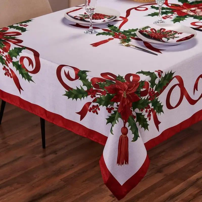 Rectangular Christmas Tablecloth featuring Poinsettia Design - Elegant Holiday Decor for Dinner Parties and Celebrations, Ideal for New Year Events