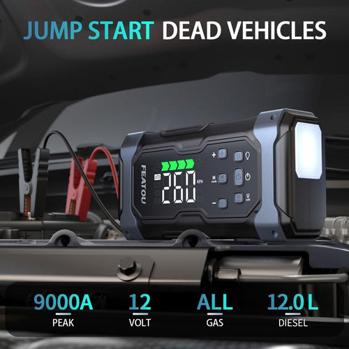 9000A Portable Car Battery Jump Starter and Air Compressor Combo, 7-in-1 Power Pack for Gas and Diesel Vehicles with Large LCD Screen