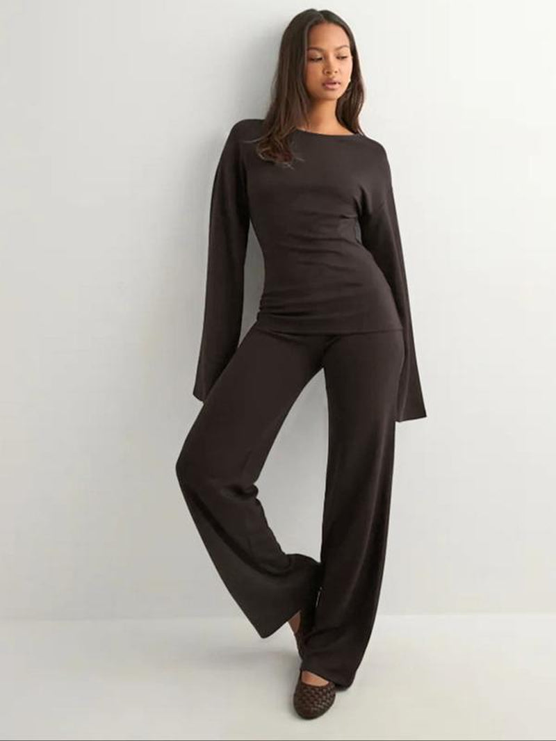 Elevate Your Fall Wardrobe with Our Chic Women's Round Neck Flare Sleeve Top & Elastic Waist Straight Leg Pants Set - Perfect for Casual Daily Wear!