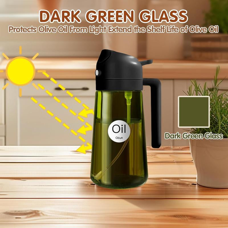 2-Pack 2-in-1 Cooking Oil Sprayer, 16oz (470ml) Dark Green Glass Dispenser Bottle, Light-Blocking Premium Food-Grade Oil Mister for Kitchen, Air Fryer, and BBQ