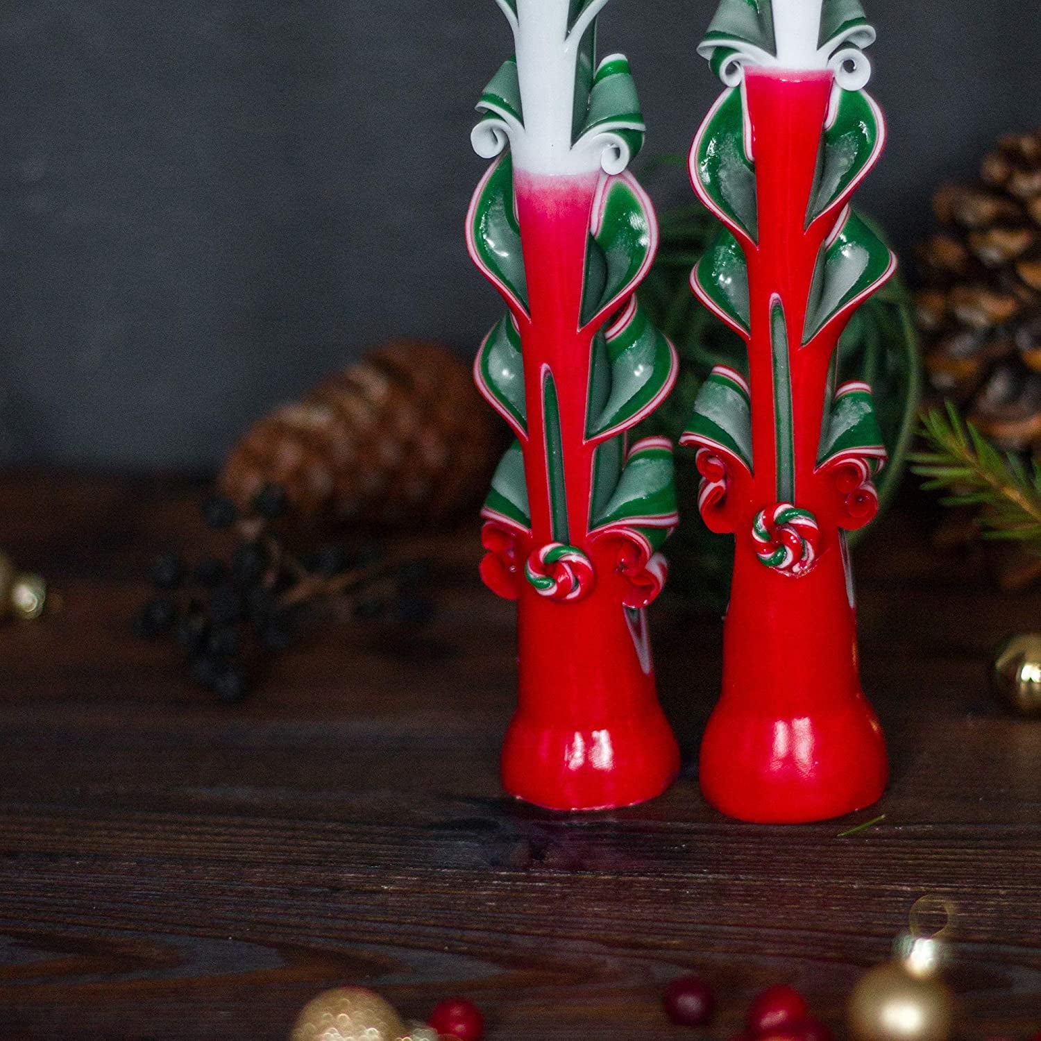 Enchanting Hand-Carved Taper Candles - Set of 2 Festive Red and Green 9-Inch Christmas Candles for a Cozy Holiday Ambiance