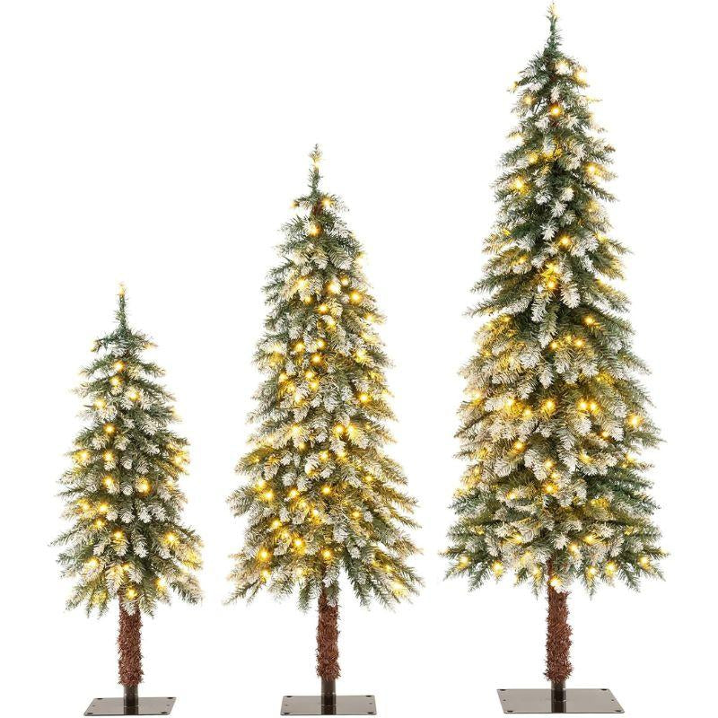 COSTWAY Pre-Lit Snow Flocked Slim Pencil Christmas Tree with Multi-Color and Warm White LED Lights for Holiday Decoration