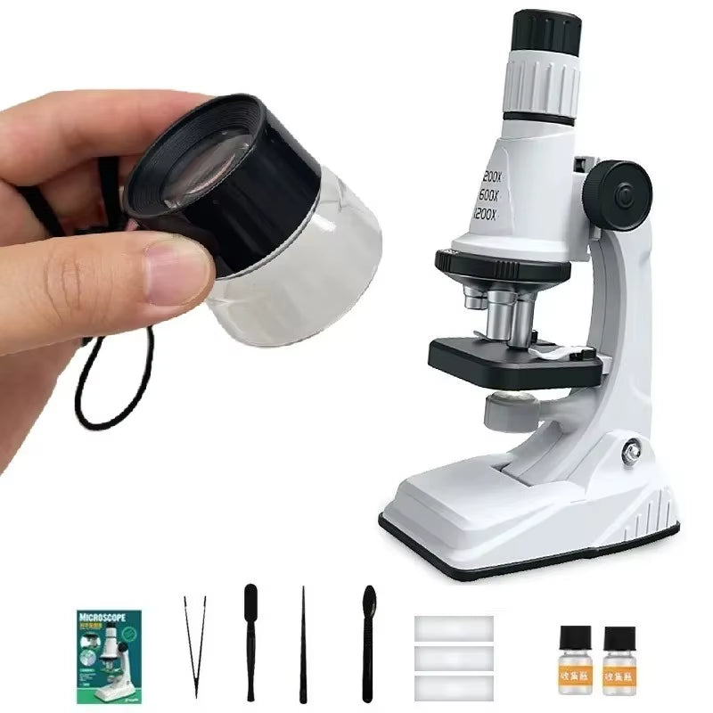 Kids Microscope Kit 200X 600X 1200X Biological Science Stem Toy Hand Loupe School Educational Pocket Microscope with LED Light