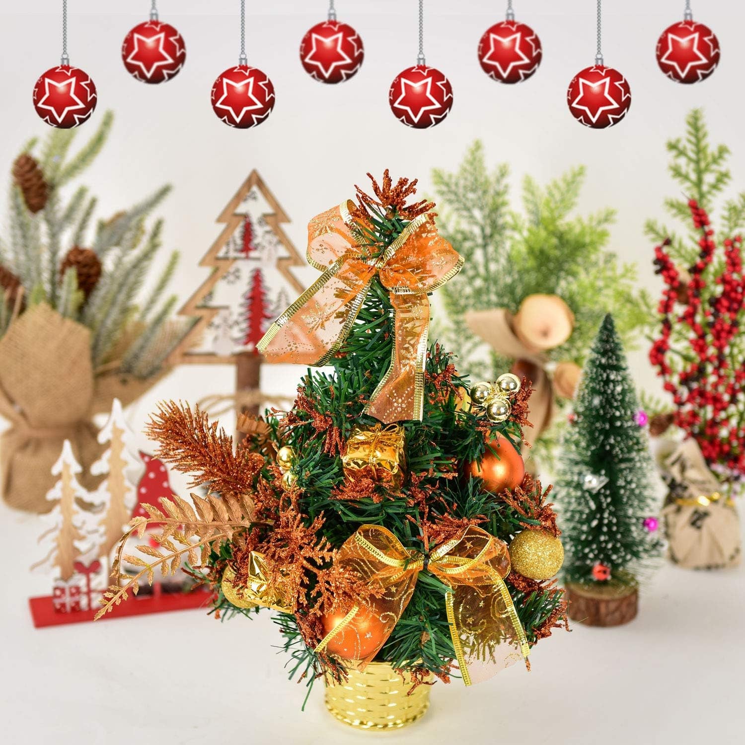 Mini Potted Christmas Tree - PVC Tabletop Pine Ornament for Holiday Decorations (Gold)