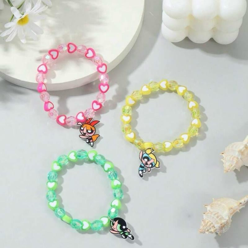 Powerpuff Girls 3-Piece Heart Beaded Bracelet Set Featuring Blossom, Bubbles, and Buttercup - Ideal for Valentine's Day and Mother's Day Gifts