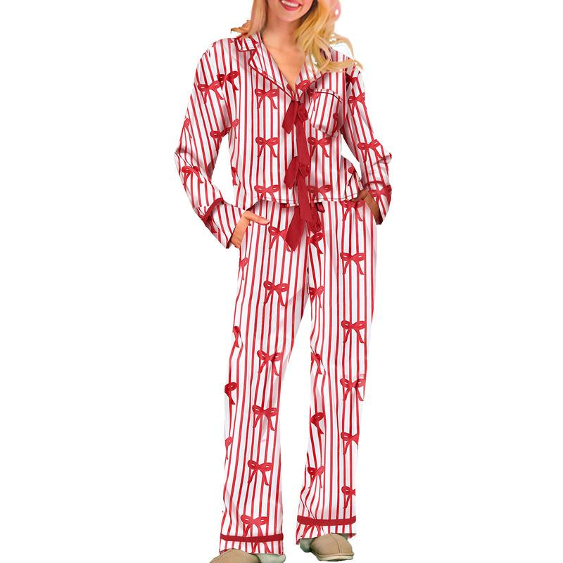FOCUSNORM Matching Mommy and Me Christmas Pajama Sets with Bow Tie Long Sleeve Shirt and Pants for Women and Girls