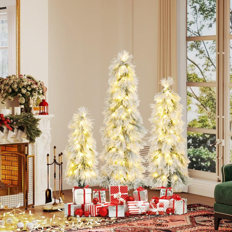 COSTWAY Pre-Lit Snow Flocked Slim Pencil Christmas Tree with Multi-Color and Warm White LED Lights for Holiday Decoration
