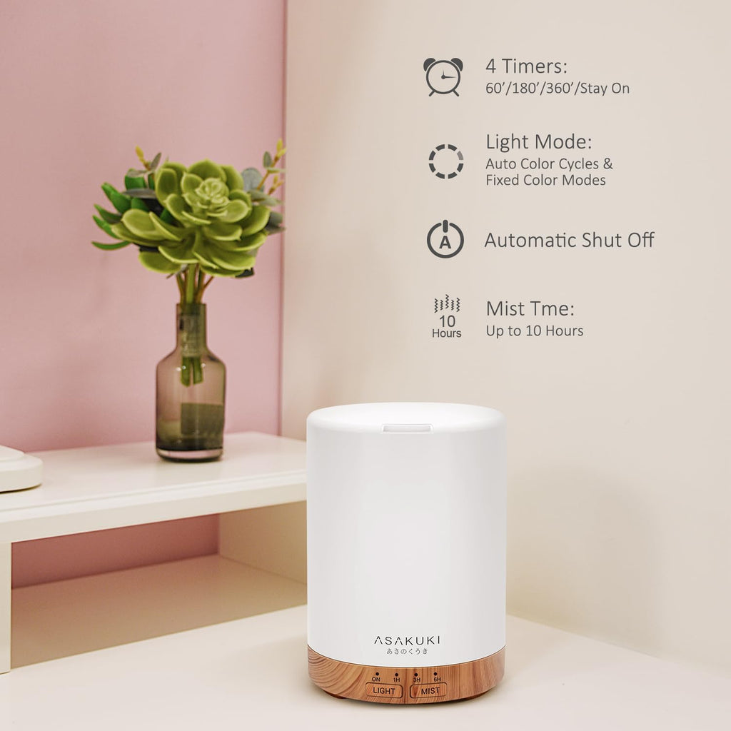 300ML Essential Oil Diffuser and Humidifier - Premium 5-in-1 Aroma Diffuser with 7 LED Color Options and Automatic Shut-Off Feature - Light Brown