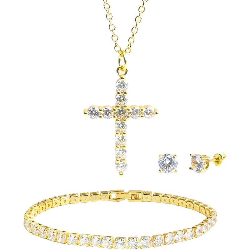 Freinit 3-Piece Jewelry Set: 14K Gold Crown Cross Pendant Necklace, Gold-Plated Cubic Zirconia Tennis Bracelet, and Stud Earrings - Ideal Gift for Christmas, Valentine's Day, and Special Occasions for Women