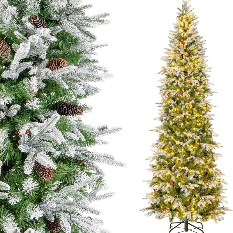 COSTWAY Pre-Lit Snow Flocked Slim Pencil Christmas Tree with Multi-Color and Warm White LED Lights for Holiday Decoration