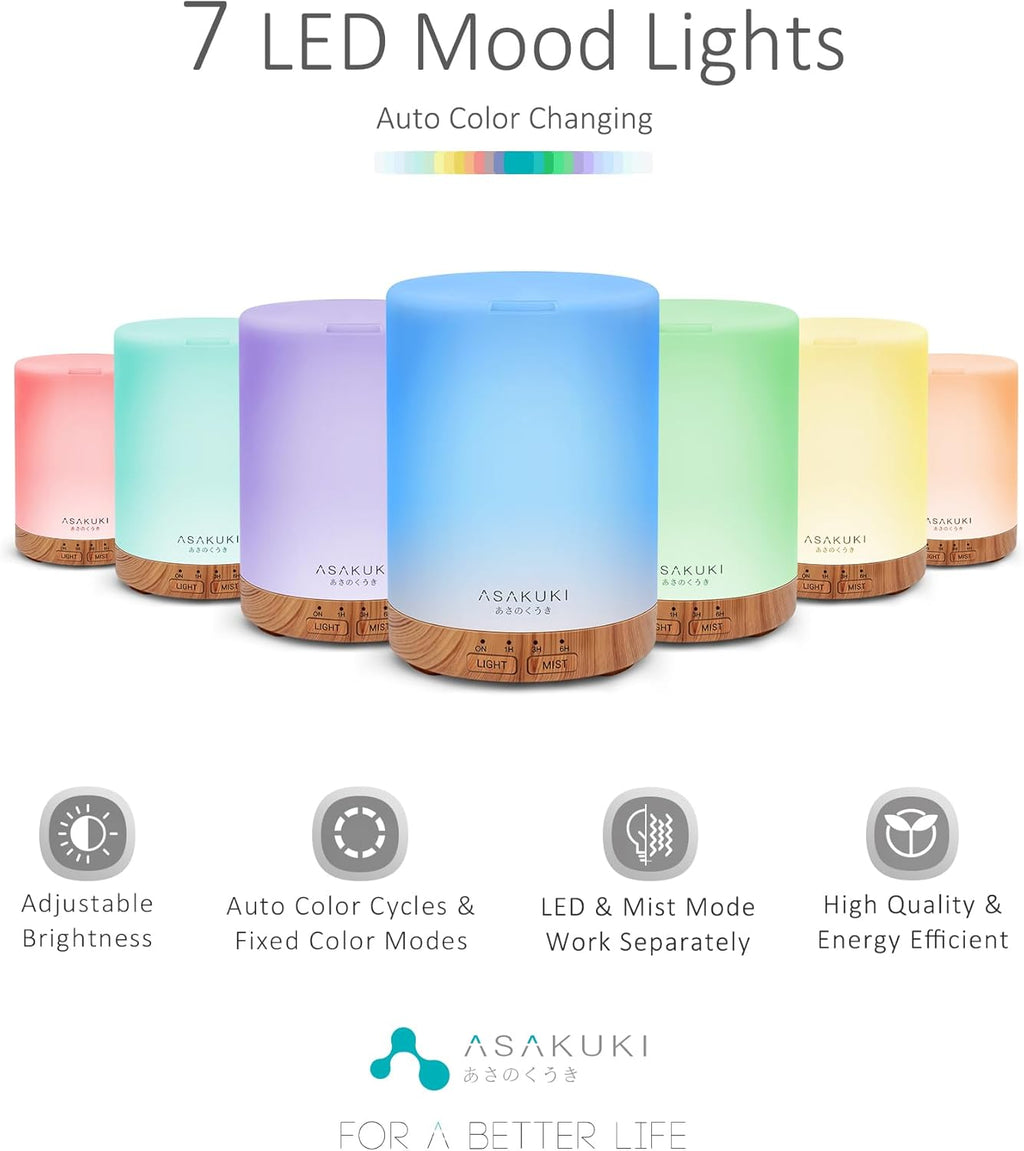 300ML Essential Oil Diffuser and Humidifier - Premium 5-in-1 Aroma Diffuser with 7 LED Color Options and Automatic Shut-Off Feature - Light Brown