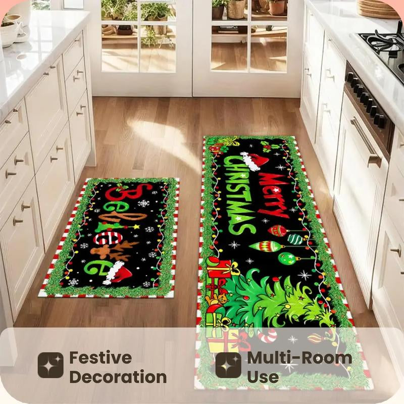 Festive 2-Piece Merry Christmas Tree Lights Floor Mat Set - Perfect for Your Farmhouse Kitchen and Dining Room!