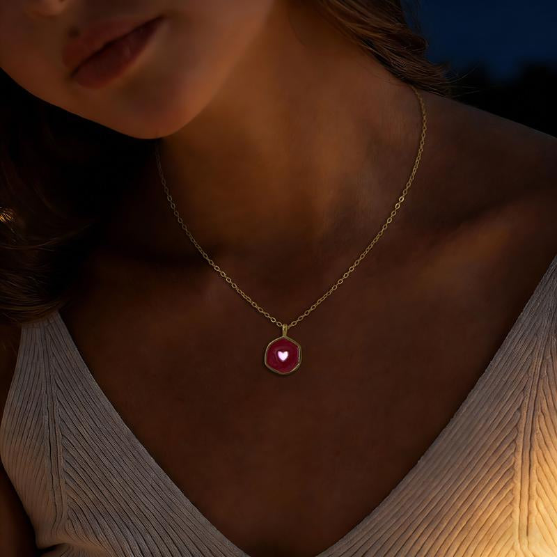 Tewiky Gold Irregular Two-Tone Glow-in-the-Dark Enamel Heart Coin Pendant Necklace - Fluorescent Night Glow Holiday Gift