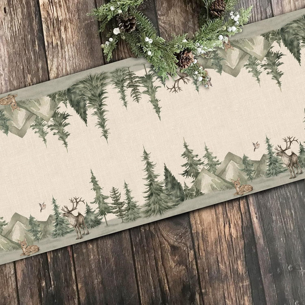 Winter Forest Reindeer Table Runner - Burlap Christmas Home Decor 13X108