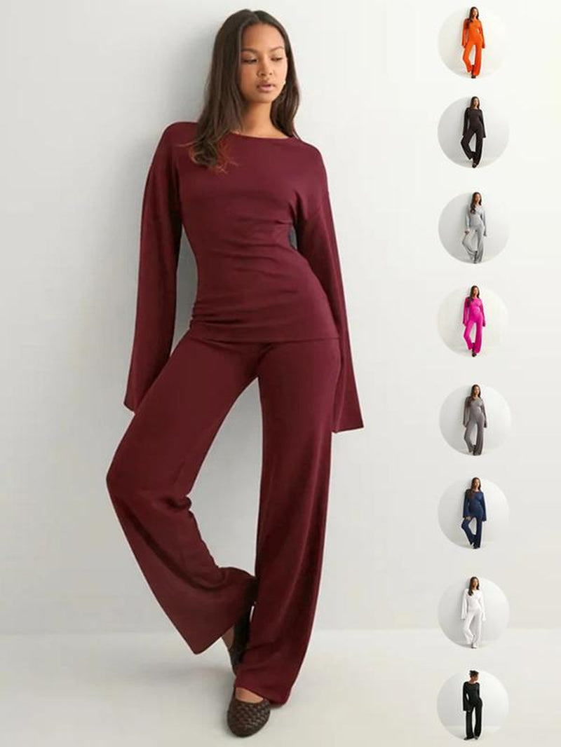 Elevate Your Fall Wardrobe with Our Chic Women's Round Neck Flare Sleeve Top & Elastic Waist Straight Leg Pants Set - Perfect for Casual Daily Wear!