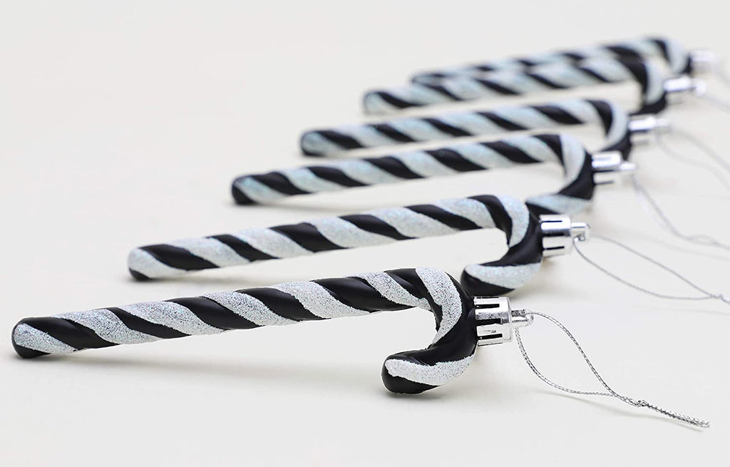 ® Set of 6 Black & White Glitter Candy Cane Christmas Tree Ornaments (13 cm)