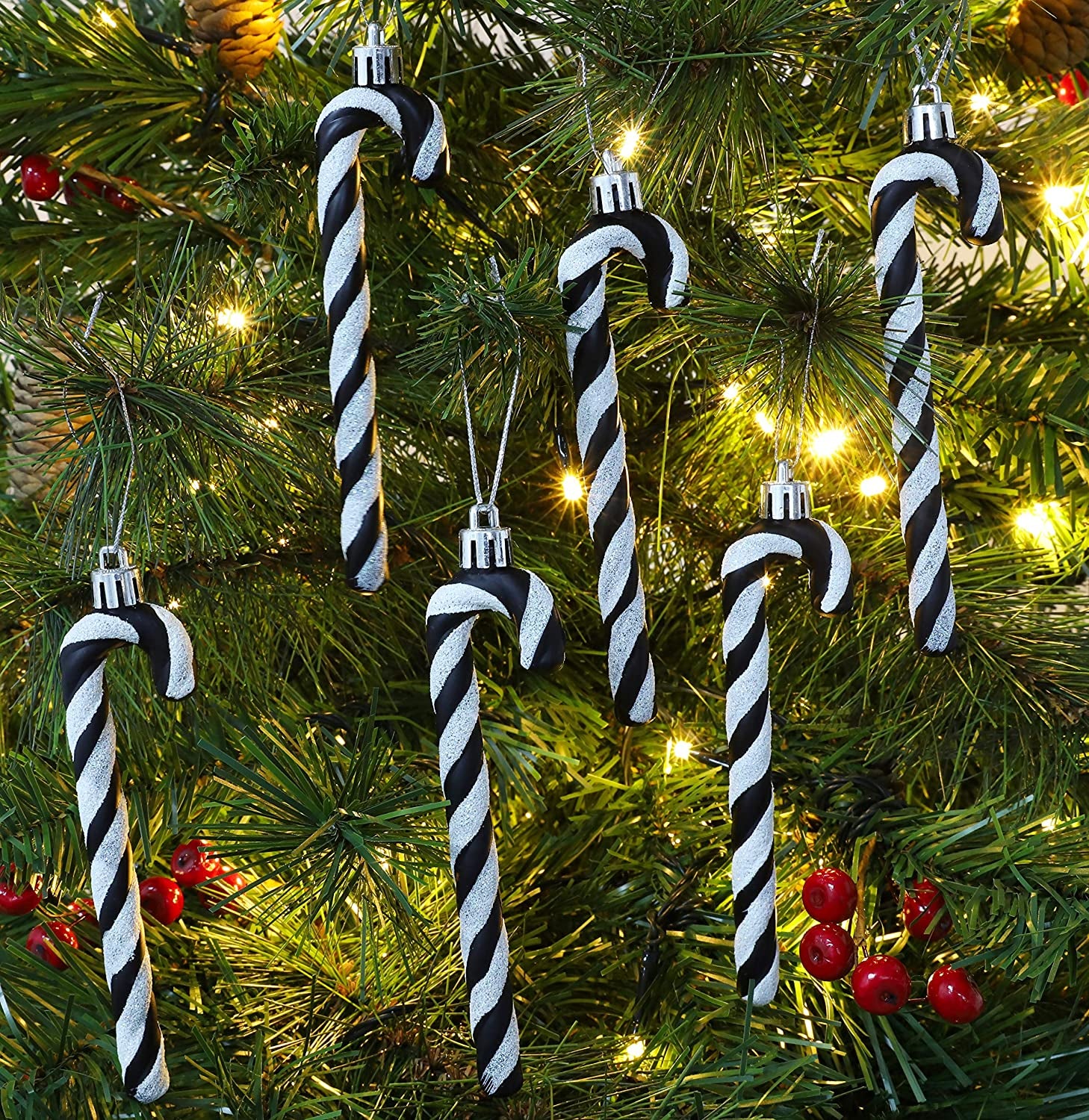 ® Set of 6 Black & White Glitter Candy Cane Christmas Tree Ornaments (13 cm)