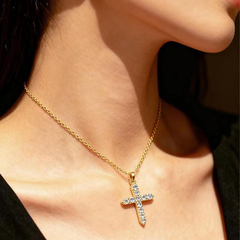 Freinit 3-Piece Jewelry Set: 14K Gold Crown Cross Pendant Necklace, Gold-Plated Cubic Zirconia Tennis Bracelet, and Stud Earrings - Ideal Gift for Christmas, Valentine's Day, and Special Occasions for Women