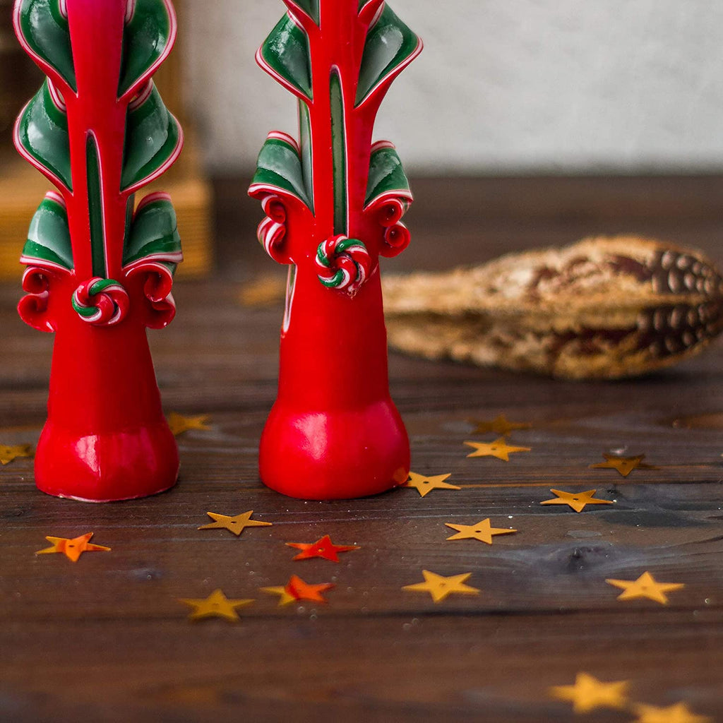 Enchanting Hand-Carved Taper Candles - Set of 2 Festive Red and Green 9-Inch Christmas Candles for a Cozy Holiday Ambiance