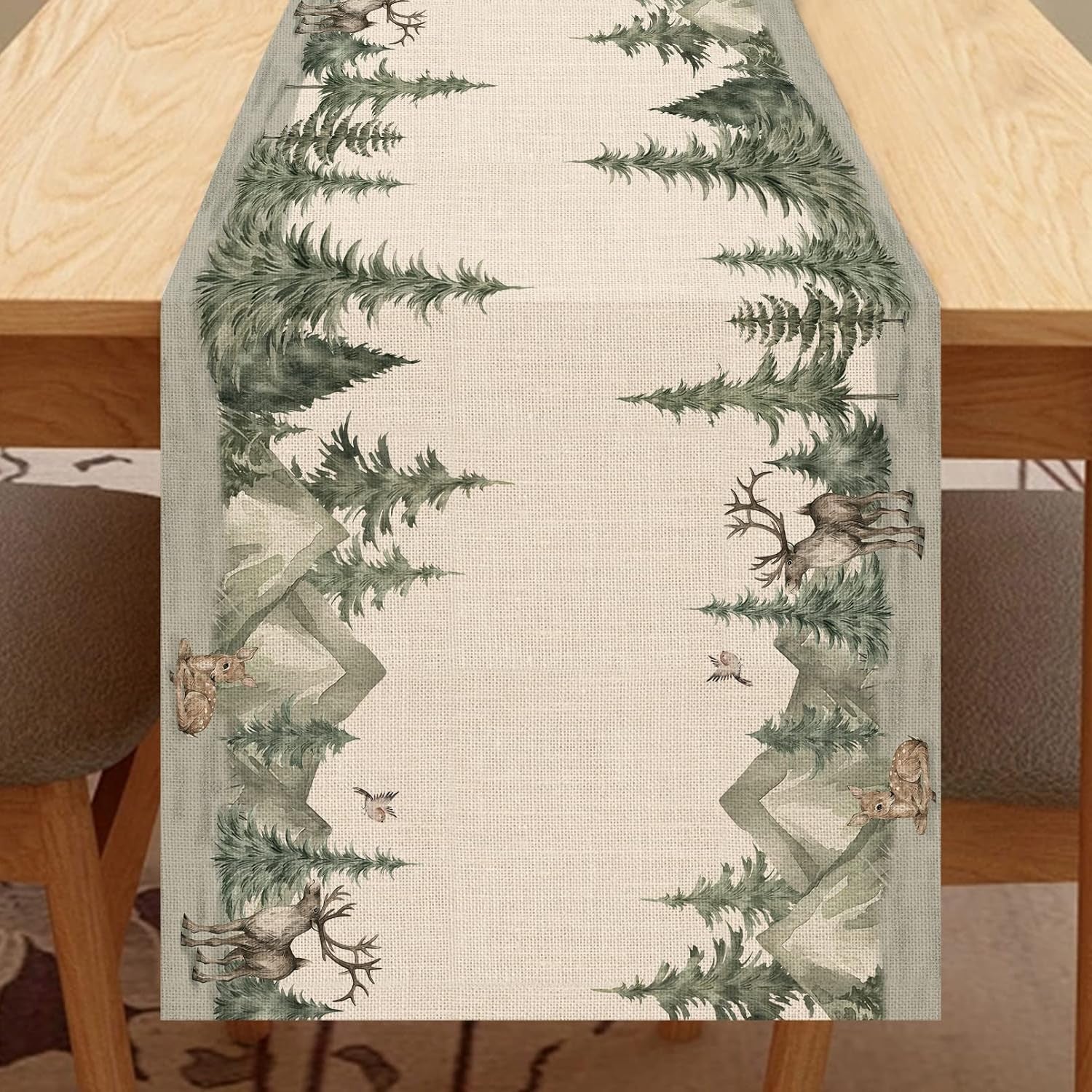 Winter Forest Reindeer Table Runner - Burlap Christmas Home Decor 13X108