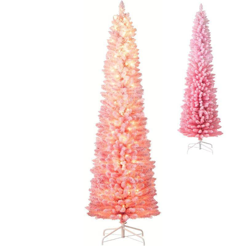 COSTWAY Pre-Lit Snow Flocked Slim Pencil Christmas Tree with Multi-Color and Warm White LED Lights for Holiday Decoration