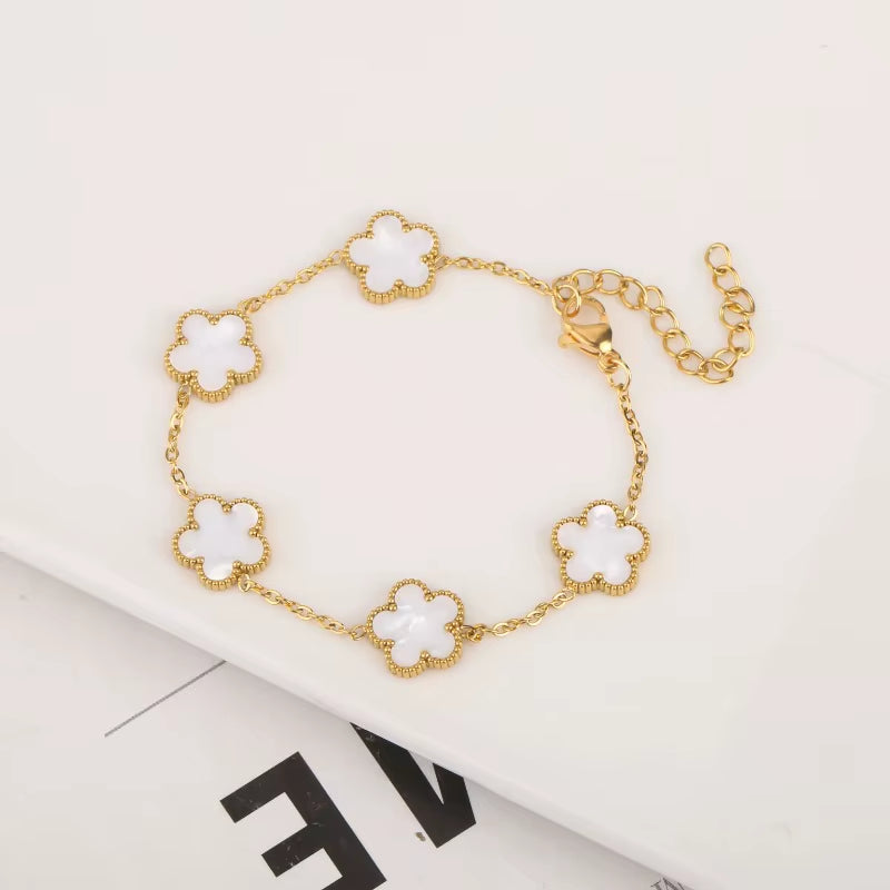 Elevate Your Style with the Adjustable Stainless Steel Plant Clover Bracelet for Women - Trendy Five Leaf Flower Jewelry