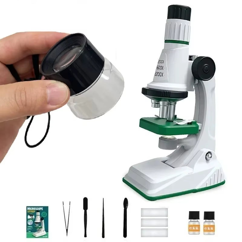Kids Microscope Kit 200X 600X 1200X Biological Science Stem Toy Hand Loupe School Educational Pocket Microscope with LED Light