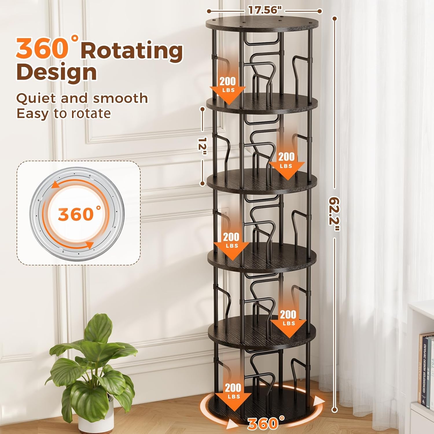 5-Tier Rotating Bookshelf Tower with 360° Display, Floor-Standing Design