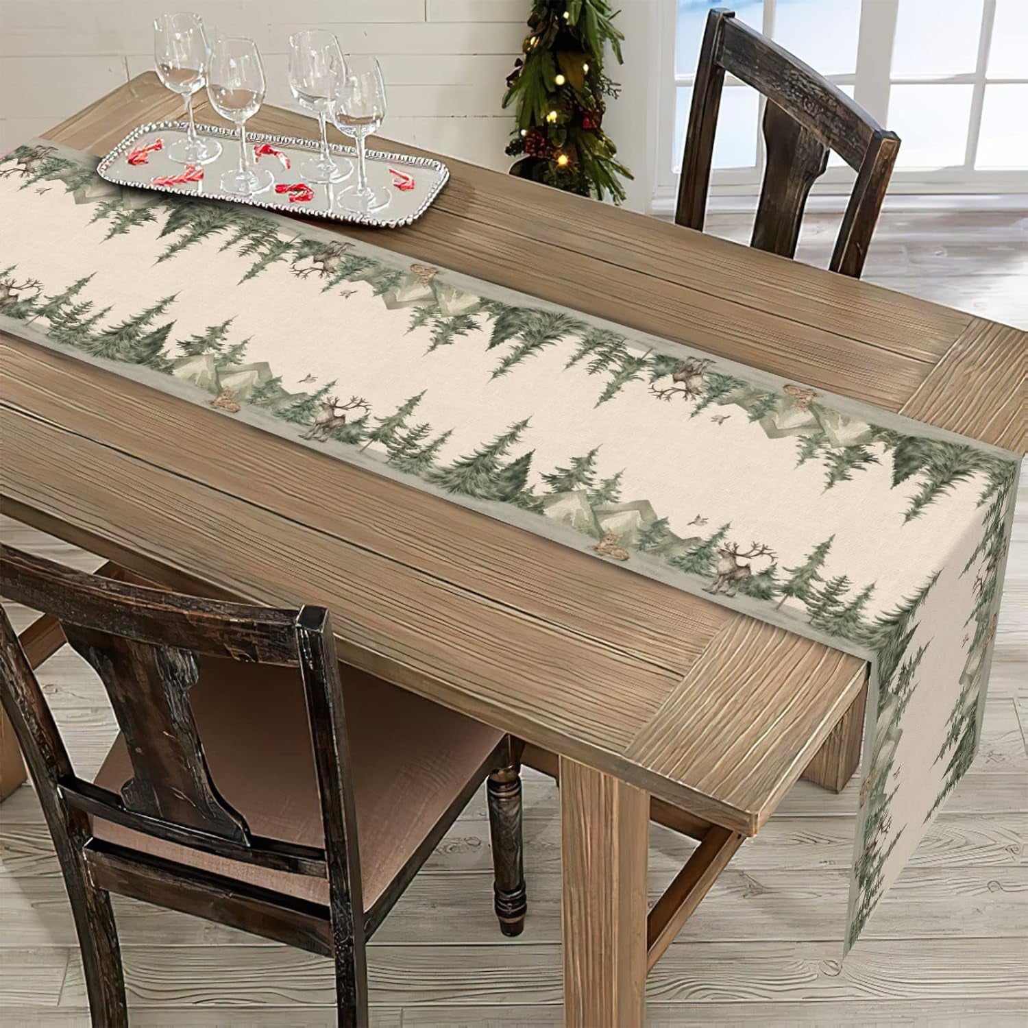 Winter Forest Reindeer Table Runner - Burlap Christmas Home Decor 13X108