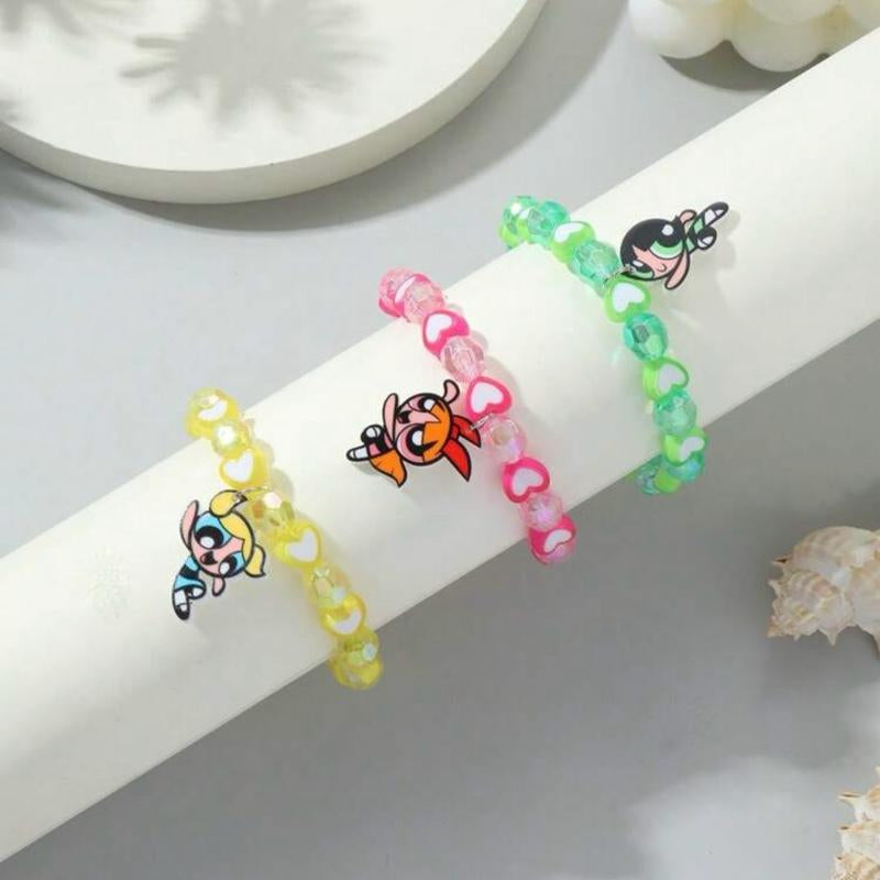 Powerpuff Girls 3-Piece Heart Beaded Bracelet Set Featuring Blossom, Bubbles, and Buttercup - Ideal for Valentine's Day and Mother's Day Gifts