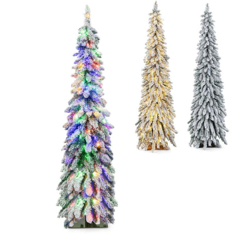 COSTWAY Pre-Lit Snow Flocked Slim Pencil Christmas Tree with Multi-Color and Warm White LED Lights for Holiday Decoration