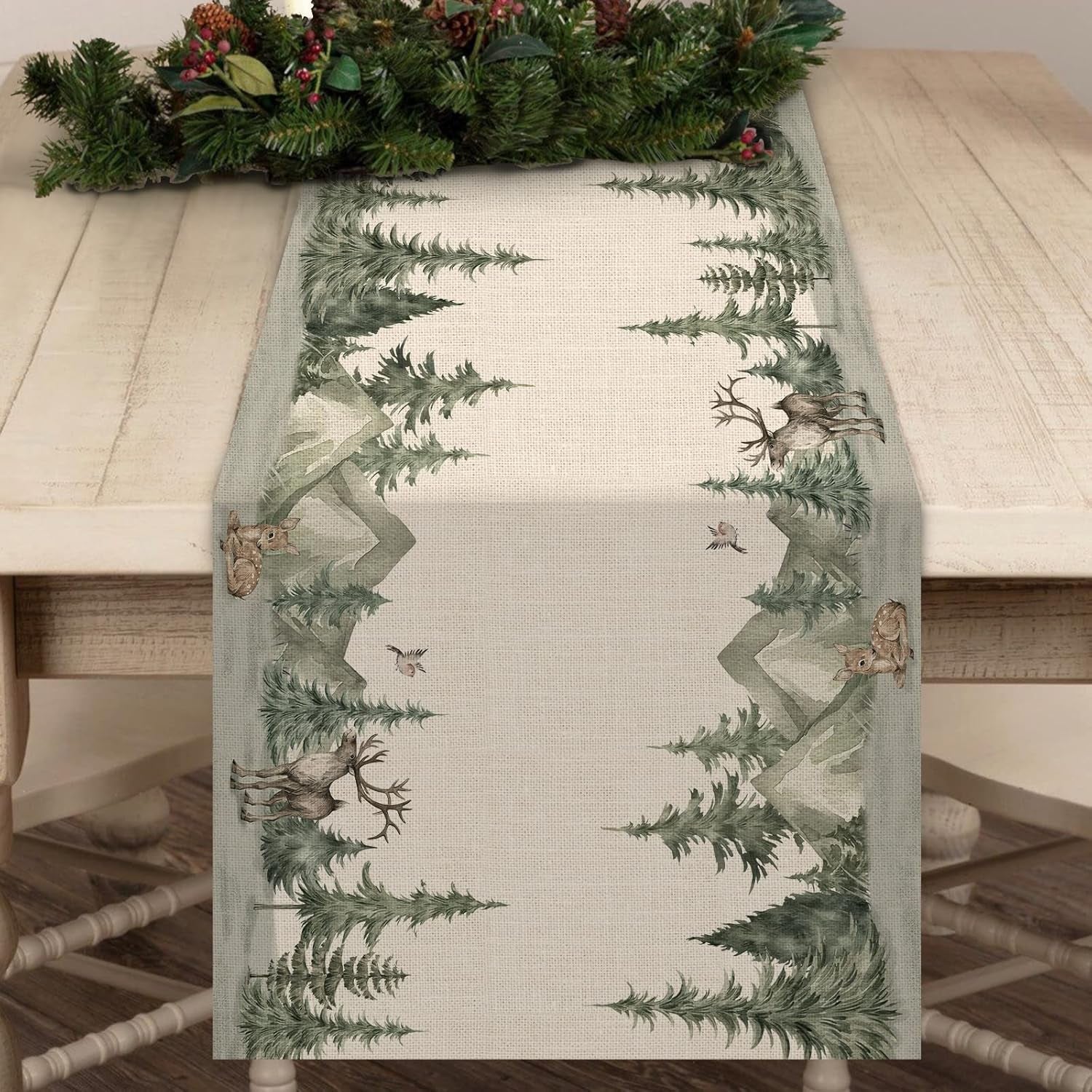 Winter Forest Reindeer Table Runner - Burlap Christmas Home Decor 13X108