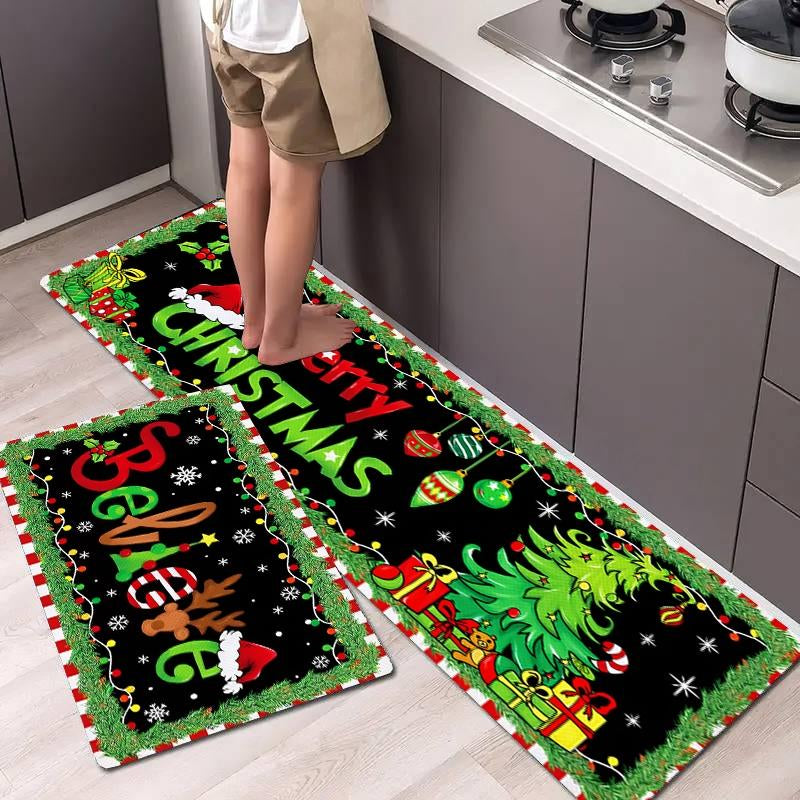 Festive 2-Piece Merry Christmas Tree Lights Floor Mat Set - Perfect for Your Farmhouse Kitchen and Dining Room!