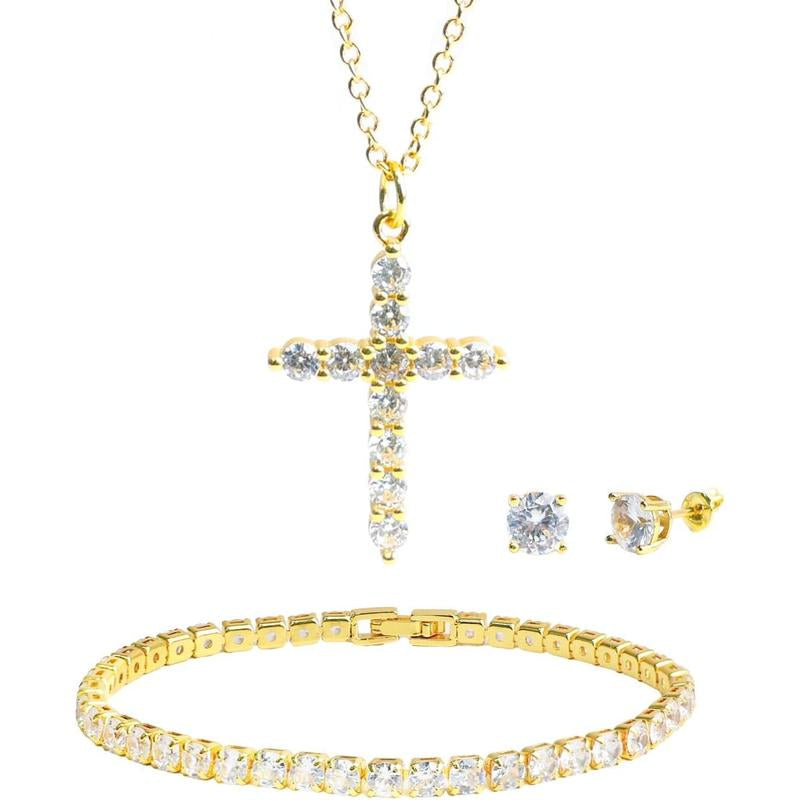Freinit 3-Piece Jewelry Set: 14K Gold Crown Cross Pendant Necklace, Gold-Plated Cubic Zirconia Tennis Bracelet, and Stud Earrings - Ideal Gift for Christmas, Valentine's Day, and Special Occasions for Women