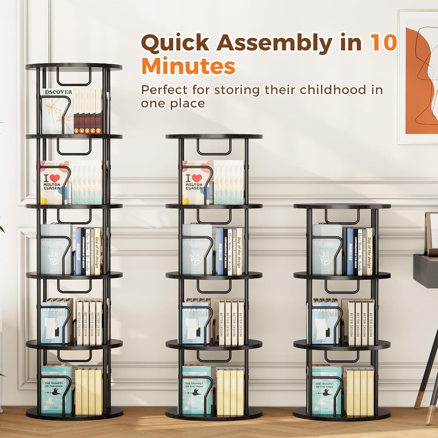5-Tier Rotating Bookshelf Tower with 360° Display, Floor-Standing Design