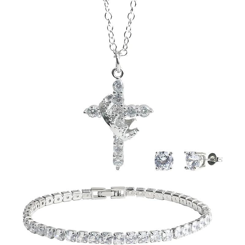 Freinit 3-Piece Jewelry Set: 14K Gold Crown Cross Pendant Necklace, Gold-Plated Cubic Zirconia Tennis Bracelet, and Stud Earrings - Ideal Gift for Christmas, Valentine's Day, and Special Occasions for Women