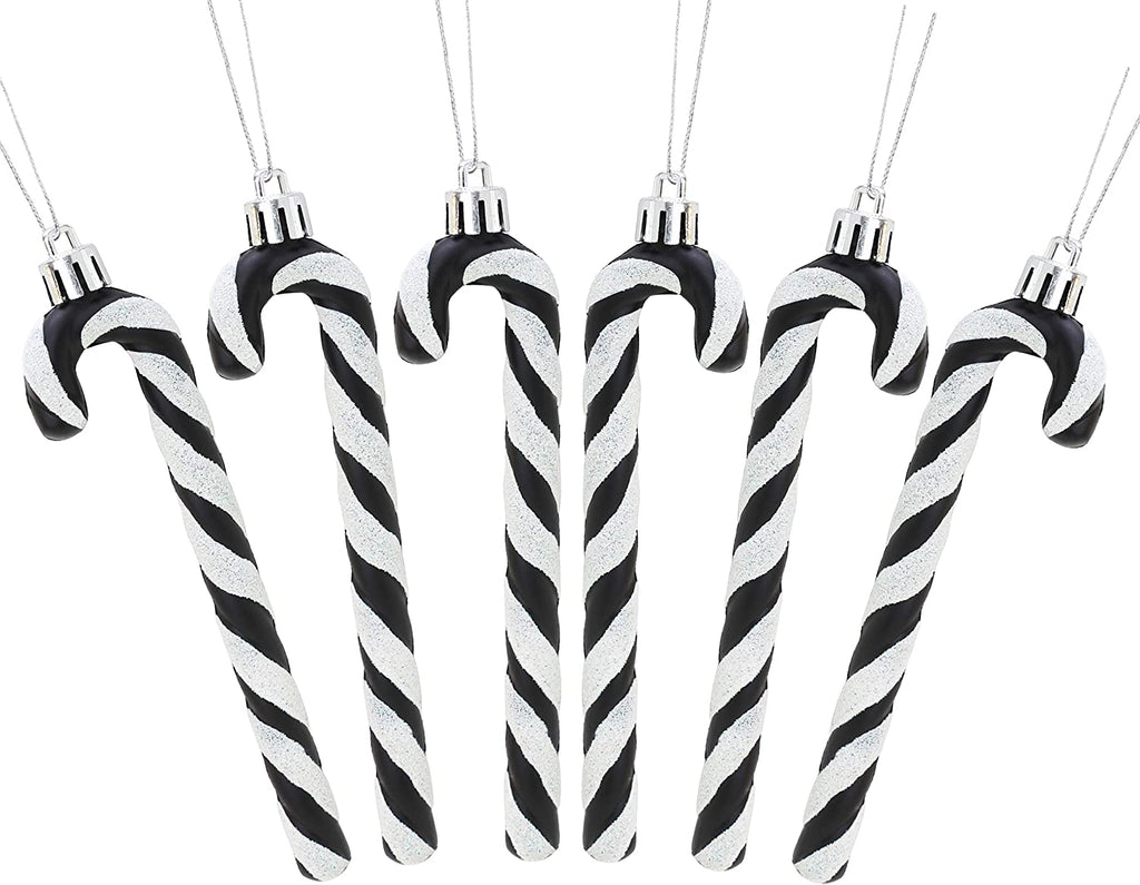 ® Set of 6 Black & White Glitter Candy Cane Christmas Tree Ornaments (13 cm)