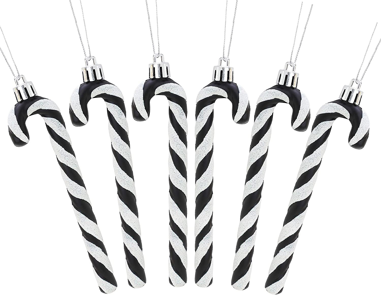 ® Set of 6 Black & White Glitter Candy Cane Christmas Tree Ornaments (13 cm)