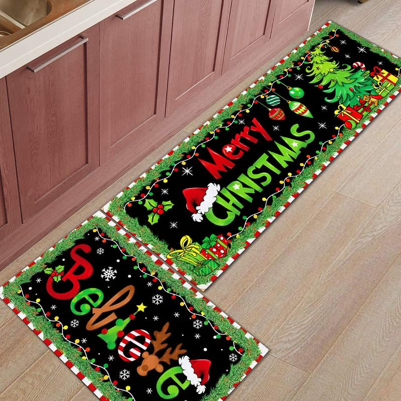 Festive 2-Piece Merry Christmas Tree Lights Floor Mat Set - Perfect for Your Farmhouse Kitchen and Dining Room!