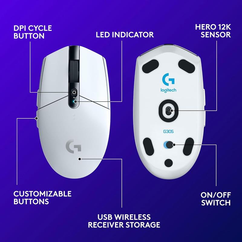 Logitech G305 LIGHTSPEED Wireless Gaming Mouse with HERO 12K Sensor, 12,000 DPI, Lightweight Design, 6 Programmable Buttons, 250-Hour Battery Life, On-Board Memory, Compatible with PC/Mac - White