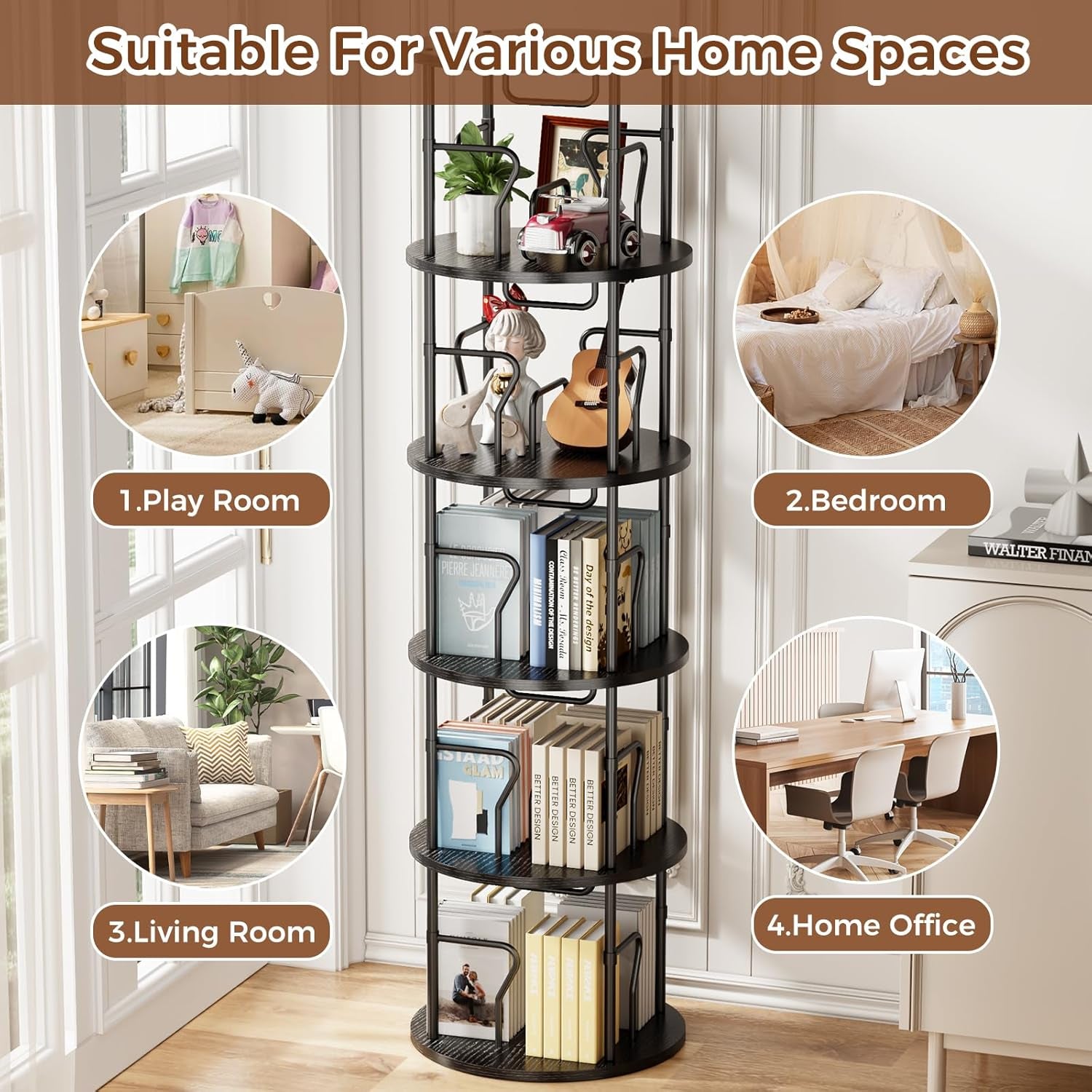 5-Tier Rotating Bookshelf Tower with 360° Display, Floor-Standing Design