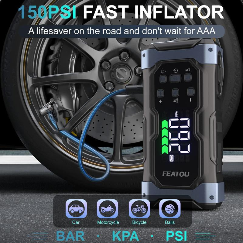 9000A Portable Car Battery Jump Starter and Air Compressor Combo, 7-in-1 Power Pack for Gas and Diesel Vehicles with Large LCD Screen