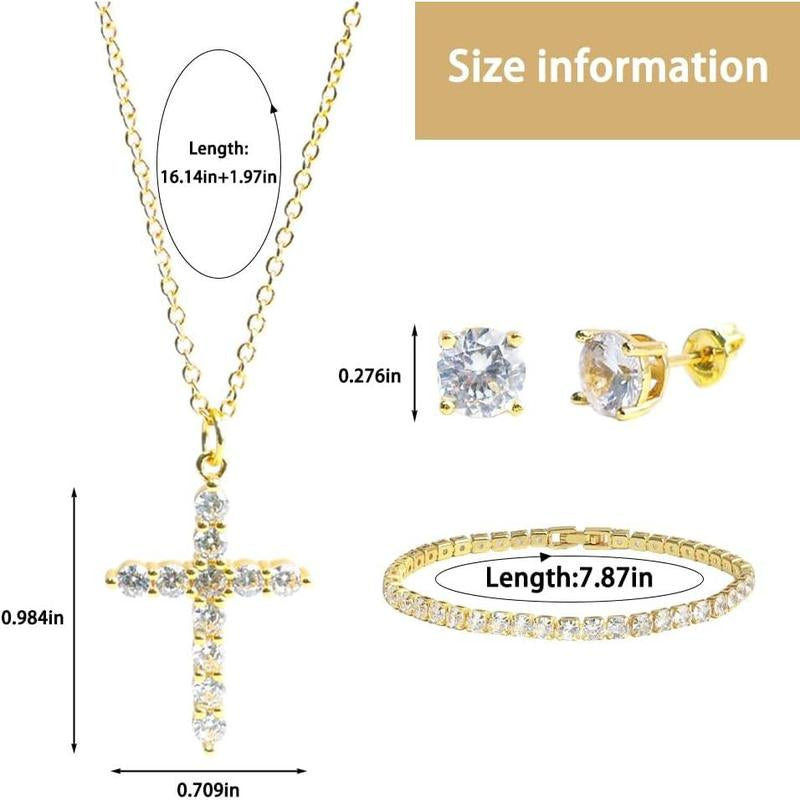 Freinit 3-Piece Jewelry Set: 14K Gold Crown Cross Pendant Necklace, Gold-Plated Cubic Zirconia Tennis Bracelet, and Stud Earrings - Ideal Gift for Christmas, Valentine's Day, and Special Occasions for Women
