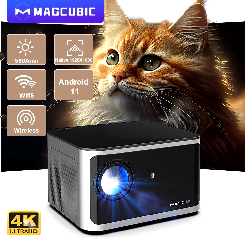 Experience Cinematic Brilliance with the Magcubic 4K Smart Projector - Android 11, 580 ANSI Lumens, and Bluetooth 5.0 for Ultimate Home Entertainment