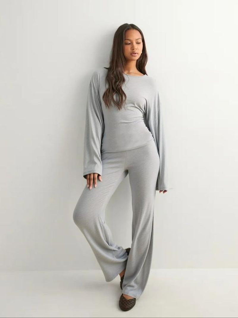 Elevate Your Fall Wardrobe with Our Chic Women's Round Neck Flare Sleeve Top & Elastic Waist Straight Leg Pants Set - Perfect for Casual Daily Wear!