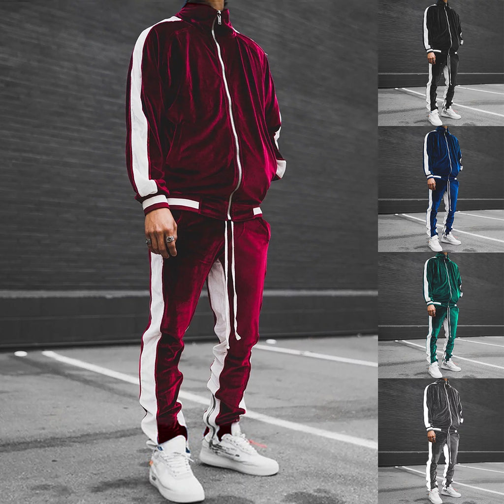 Elevate Your Style with the 2023 Men's Velour Tracksuit - Cozy Full Zip Jacket & Jogger Set for Ultimate Comfort and Performance