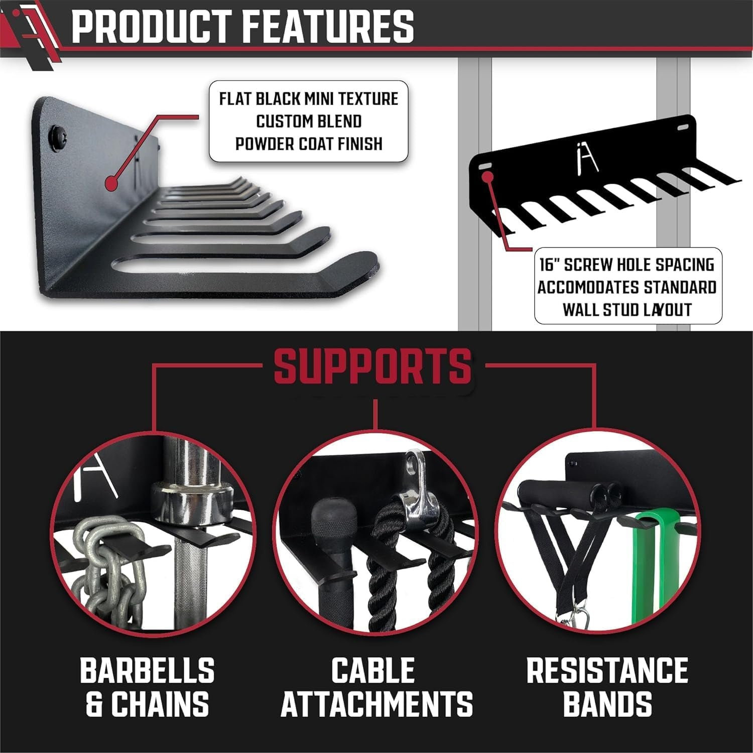 USA Omega Beast Heavy-Duty Gym Storage Rack with 11 Hooks - Wall Organizer for Resistance Bands, Jump Ropes, Barbells, Lifting Belts, and Cable Attachments