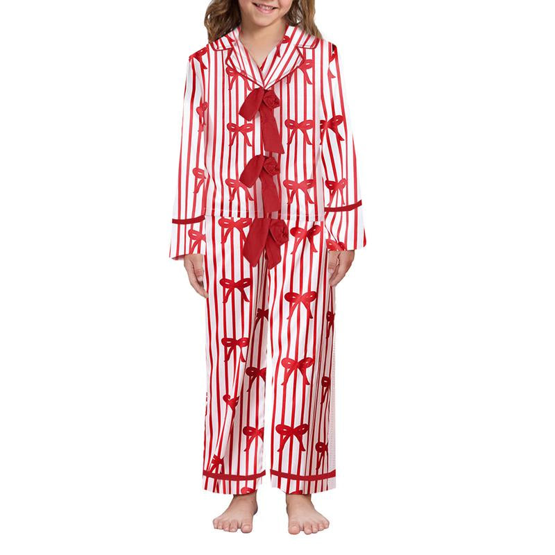 FOCUSNORM Matching Mommy and Me Christmas Pajama Sets with Bow Tie Long Sleeve Shirt and Pants for Women and Girls