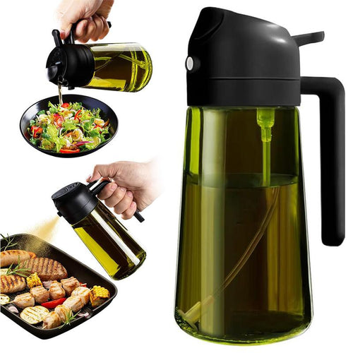 2-Pack 2-in-1 Cooking Oil Sprayer, 16oz (470ml) Dark Green Glass Dispenser Bottle, Light-Blocking Premium Food-Grade Oil Mister for Kitchen, Air Fryer, and BBQ
